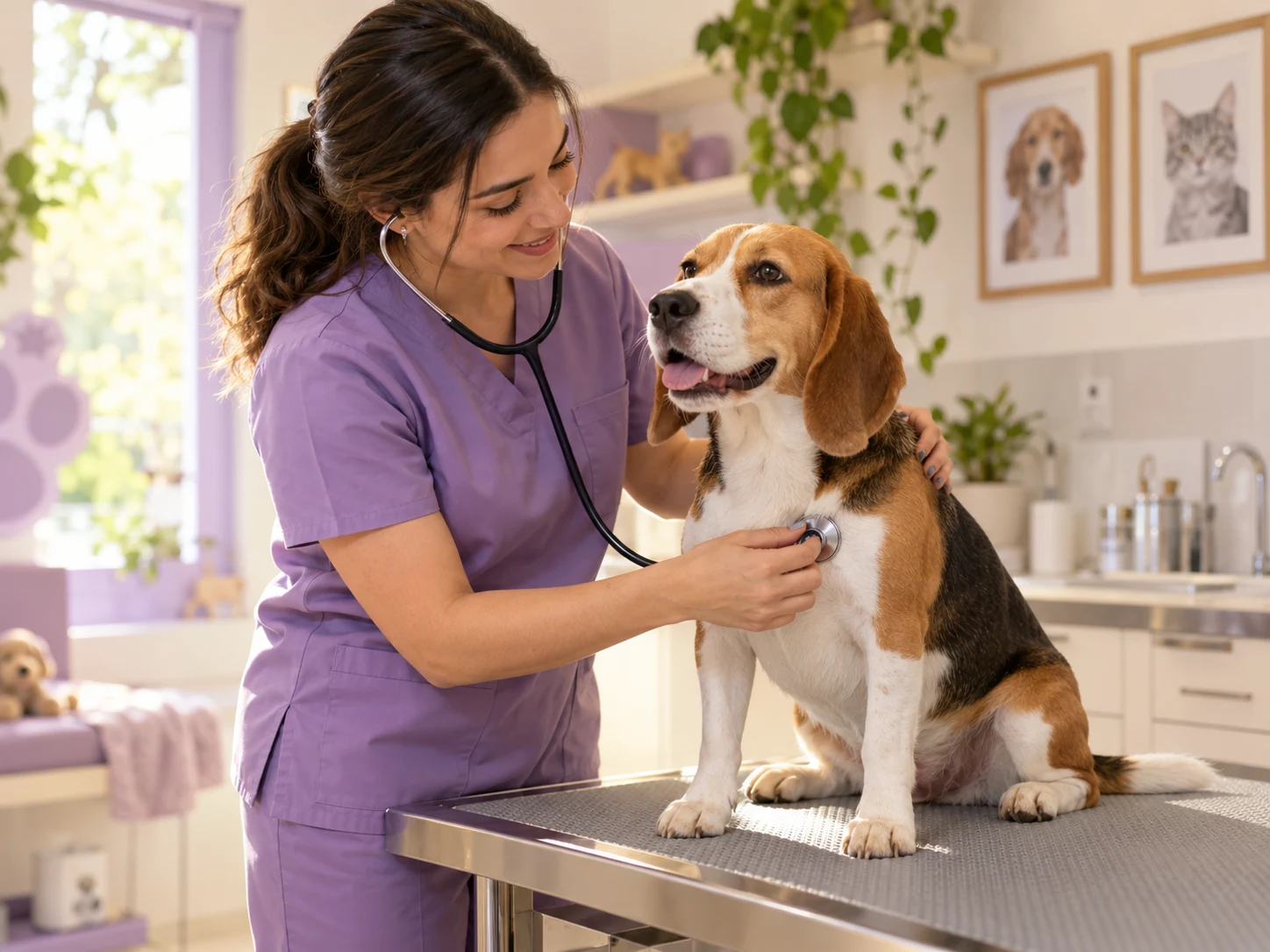 Veterinária acolhendo um cão durante uma avaliação clínica