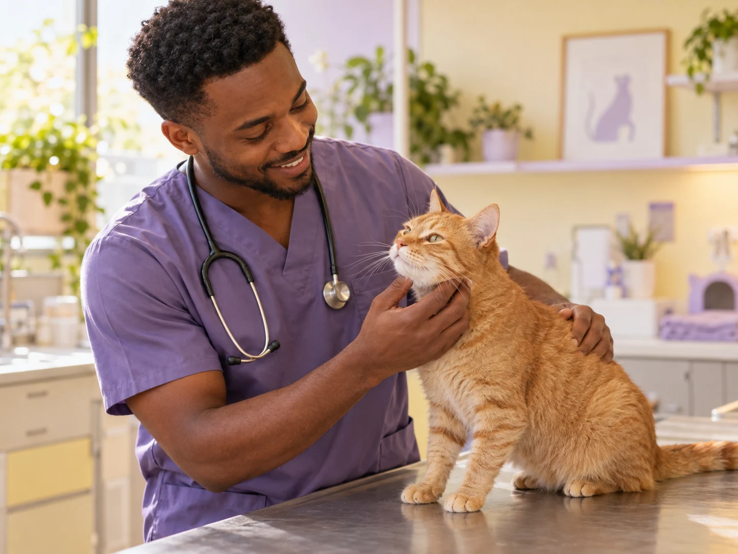 Veterinário com um gato laranja tranquilo durante atendimento