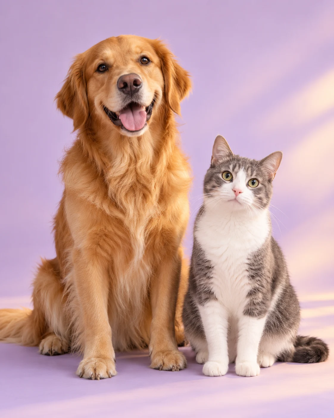 Cão dourado e gato cinza lado a lado em um estúdio lilás